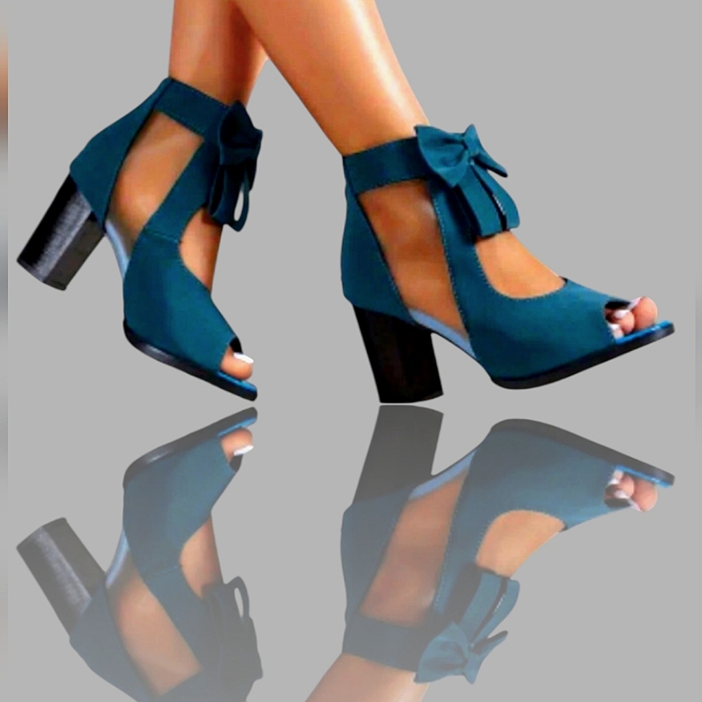 🆕Chic Top Bow w/Mesh Side Chunky Heel Shoe